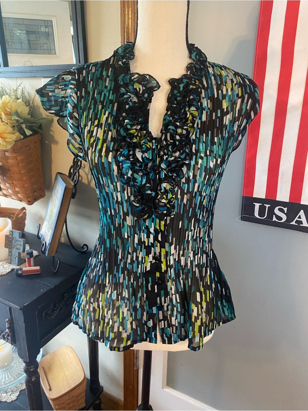 East 5th Teal Black White Lime Ruffled V-Neck Cap Sleeve Top